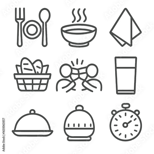 Mealtime Icon Set. Outline icon set of mealtime togetherness: cutlery, dinner plate, soup bowl, napkin, bread