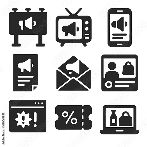 Marketing Icons Grid. Solid, filled icons set of Advertising and marketing impact: billboard, TV commercial,