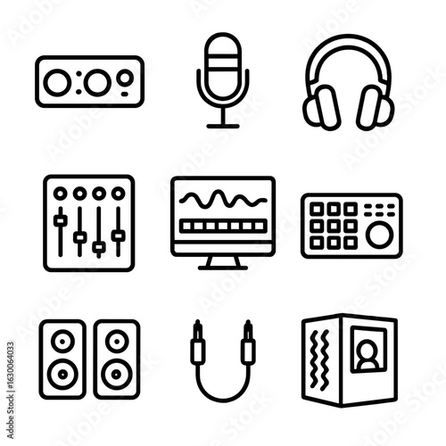 Synth Gear Icons. Outline icon set of synth recording gear: audio interface, microphone, headphones, mixing console, DAW screen,