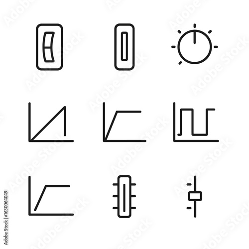 Synth Control Icons. Outline icon set of synth controls: pitch bend wheel, modulation wheel, filter cutoff, resonance knob,