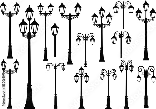 Collection of ornate vintage street lamps and lampposts in silhouette on a white background