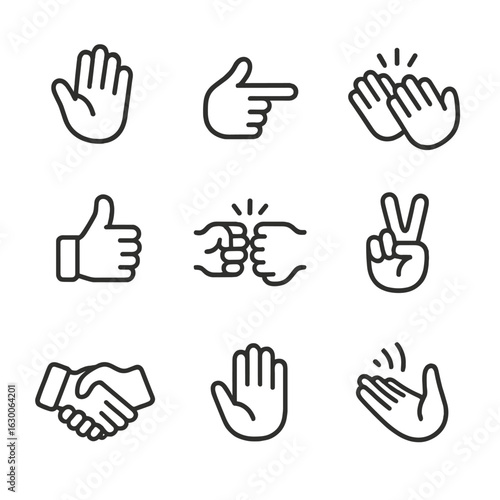 Human Gesture Icons. Outline icon set of human gestures: waving hand, pointing finger, clapping, thumbs up, fist bump, peace sign,