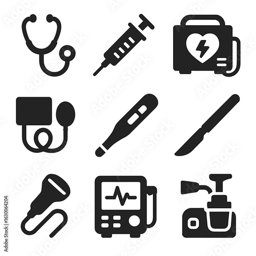 Medical Icons Set. Solid, filled icons set of medical equipment: stethoscope, syringe, defibrillator, blood