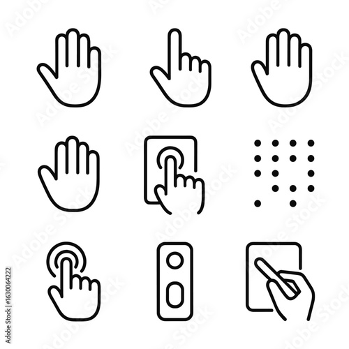 Tactile Object Icons. Outline icon set of tactile objects: hand, finger, palm, glove, touchscreen, braille, button, switch,
