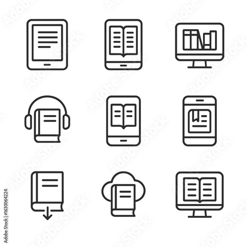 Digital Reading Icons. Outline icon set of digital reading: e-reader, tablet with book, online library, audiobook, reading app,