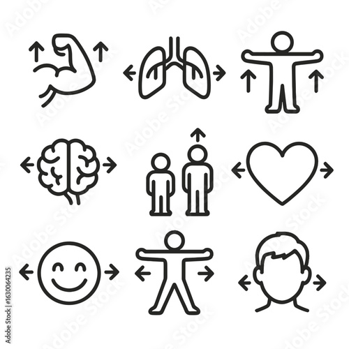 Human Growth Icons. Outline icon set of expansion human growth: growing muscles, expanding lungs, spreading hands, unfolding brain