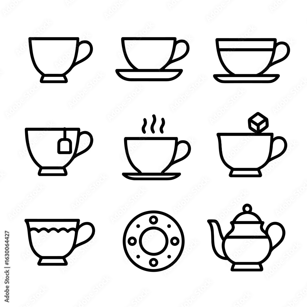 Fototapeta premium Teacup Icon Collection. Outline icon set of teacup and saucer: classic teacup, teacup on saucer, filled teacup, teabag in teacup,