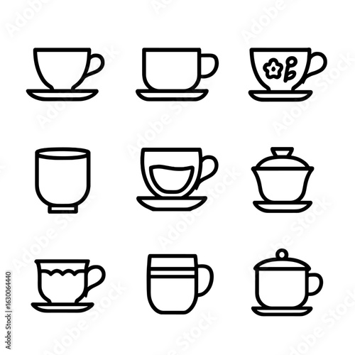 Teacup Icons Collection. Outline icon set of teacup styles: classic teacup, modern teacup, floral teacup, glass teacup, Japanese