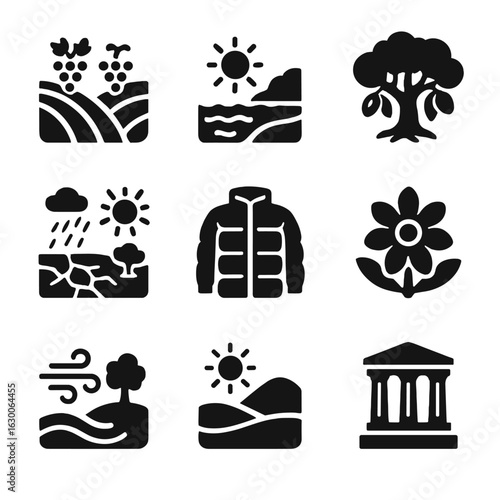 Mediterranean Climate Icons. Solid, filled icons set of Mediterranean climate traits: vineyard, sunny coast,