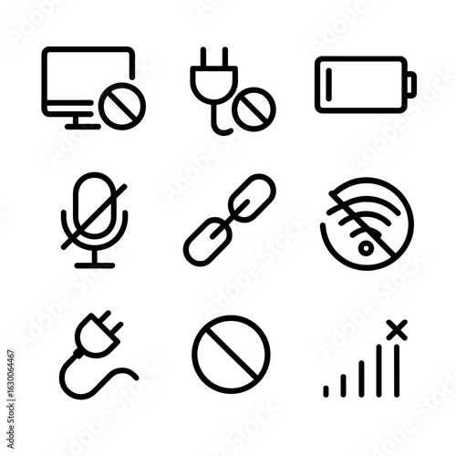 Tech Absence Icons. Outline icon set of absence in technology: offline computer, disconnected plug, empty battery, no wifi, muted