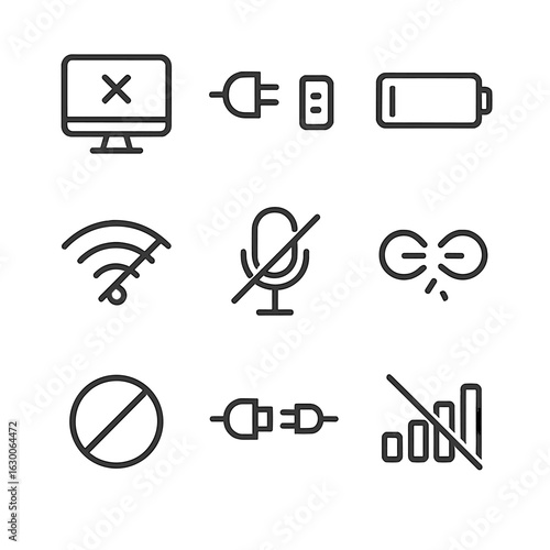 Tech Absence Icons. Outline icon set of absence in technology: offline computer, disconnected plug, empty battery, no wifi, muted