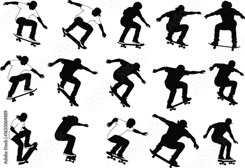 Dynamic silhouettes of skateboarders performing various tricks and stunts on skateboards in motion