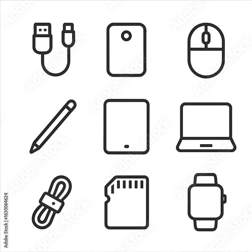 Tech Pack Icon Set. Outline icon set of tech pack contents: USB cable, power bank, mouse, stylus, tablet, laptop, cable organizer,