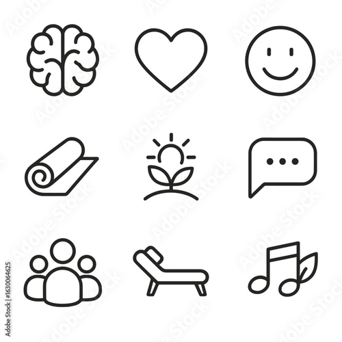 Mental Health Icons. Outline icon set of Mental health and wellbeing: brain, heart, smiley face, yoga mat,