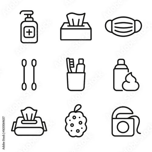 Hygiene Icon Set. Outline icon set of personal hygiene: hand sanitizer, tissue box, face mask, cotton swabs, toothbrush holder,
