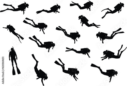 Collection of diverse scuba divers silhouettes in various underwater poses against a white background