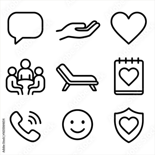 Mental Health Icons. Outline icon set of mental health support: speech bubble, helping hand, heart, support