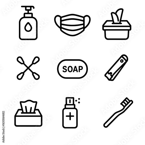 Hygiene Essentials Icons. Outline icon set of hygiene necessities: hand sanitizer, face mask, wet wipes, cotton swabs, soap bar,