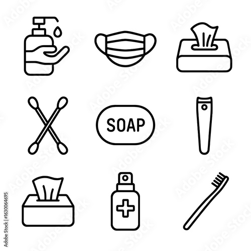 Hygiene Essentials Icons. Outline icon set of hygiene necessities: hand sanitizer, face mask, wet wipes, cotton swabs, soap bar,