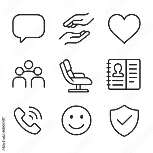 Mental Health Icons. Outline icon set of mental health support: speech bubble, helping hand, heart, support
