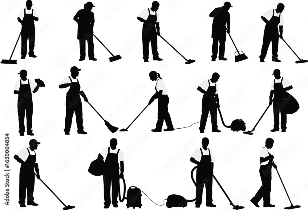 Obraz premium Collection of silhouettes of people engaged in various cleaning activities with mops and vacuum cleaners