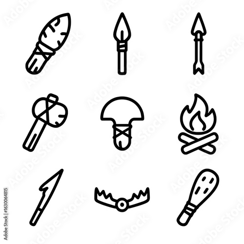 Ice Age Tools Icons. Outline icon set of ice age tools: flint knife, spear, bone arrow, stone hammer, hide scraper, fire pit, ice