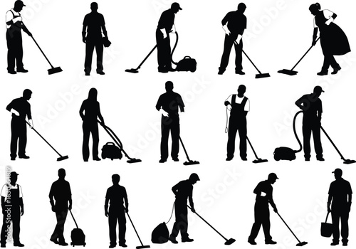 Collection of silhouetted figures engaged in various cleaning activities with vacuum cleaners and mops