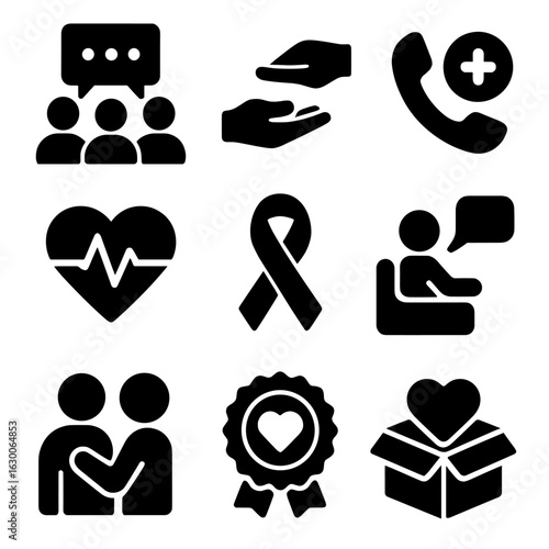 Mental Health Icons. Solid, filled icons set of mental health support systems: group chat, helping hands,