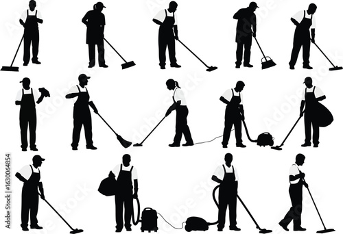 Collection of silhouettes of people engaged in various cleaning activities with mops and vacuum cleaners