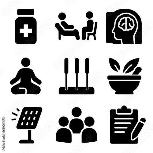 Mental Health Icons. Solid, filled icons set of Mental health treatments: pill bottle, therapy session, brain