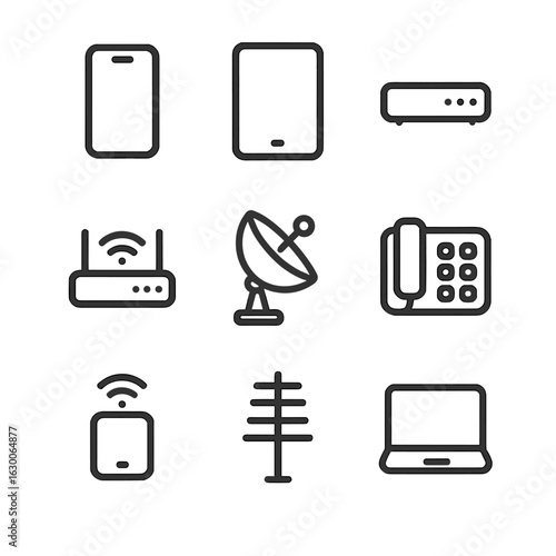 Telecom Devices Icons. Outline icon set of telecom devices: smartphone, tablet, modem, router, satellite dish, landline phone,