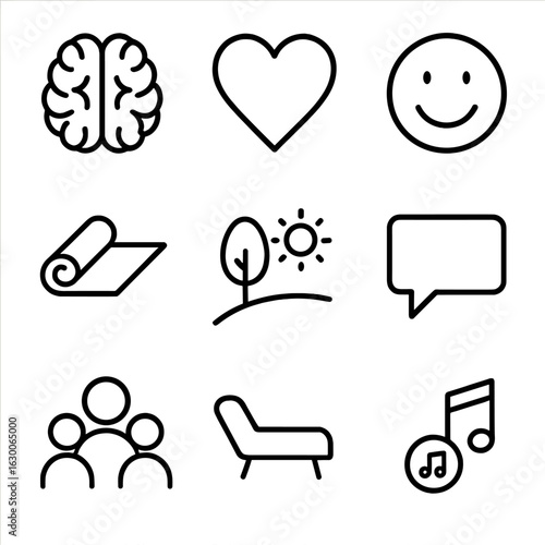 Mental Health Icons. Outline icon set of Mental health and wellbeing: brain, heart, smiley face, yoga mat,