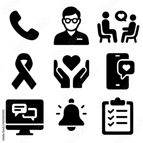 Mental Health Icons. Solid, filled icons set of mental health support: hotline phone, counselor icon, therapy