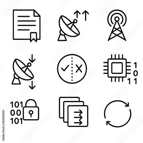 Telecommand Icon Set. Outline icon set of telecommand data flow: command packet, data uplink, acknowledgment signal, telemetry