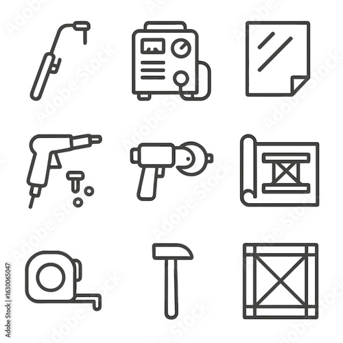 Metal Fabrication Icon Set. Outline icon set of metal fabrication: cutting torch, welding machine, metal sheet