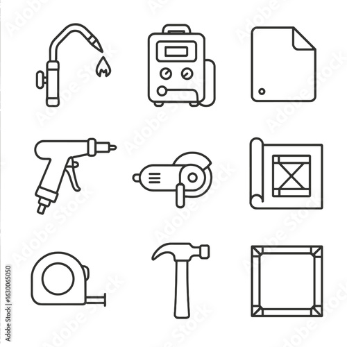 Metal Fabrication Icon Set. Outline icon set of metal fabrication: cutting torch, welding machine, metal sheet