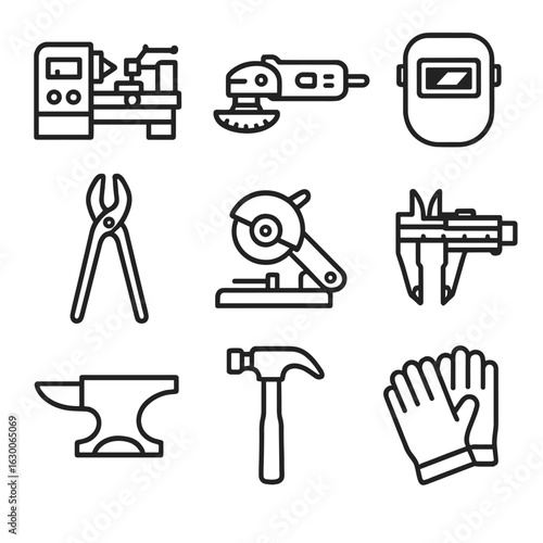 Metalworking Tools Icons. Outline icon set of metalworking tools: lathe machine, grinder, welding mask, tongs,