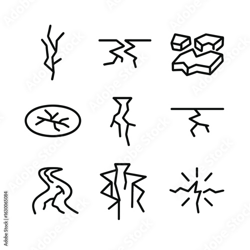 Ice Crack Icon Set. Outline icon set of crack in ice: ice fissure, frozen lake crack, ice break, cracking glacier, fracture line,