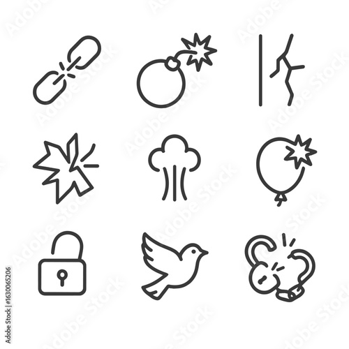 Tension Release Icons. Outline icon set of tension release: broken chain, exploding bomb, cracked wall, shattering glass,