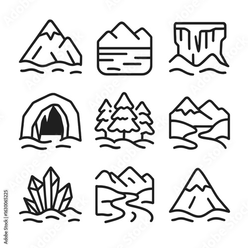 Ice Dragon Habitat Icons. Outline icon set of ice dragon habitat: snowy mountain, frozen lake, glacial cliff, icy cave,