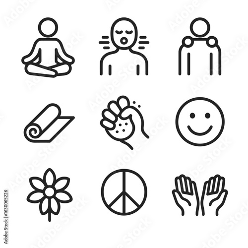 Tension Relief Icons. Outline icon set of tension relief: meditation pose, deep breath, massage, yoga mat, stress ball, smiley