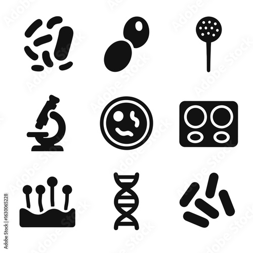Microorganism Icons Grid. Solid, filled icons set of Microorganisms in fermentation: bacteria icon, yeast cell