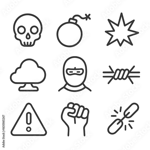 Terror Symbol Icons. Outline icon set of terror symbols: skull, bomb, explosion, masked figure, dark cloud, clenched fist, barbed