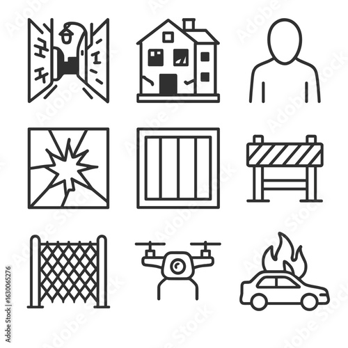 Terror Icon Set. Outline icon set of terror scenes: dark alley, abandoned building, shadowy figure, burning car, shattered glass,