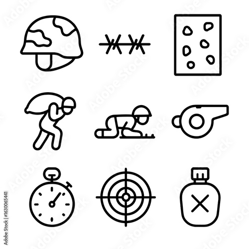 Military Obstacle Icons. Outline icon set of military-style obstacle courses: camouflage helmet, barbed wire,