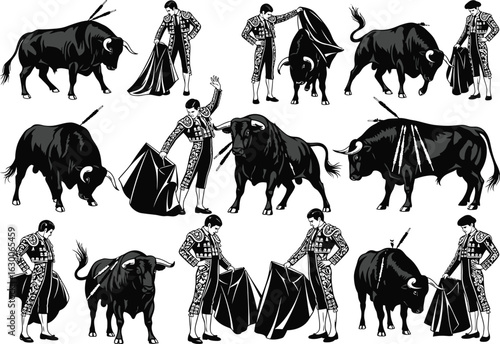 Dynamic collection of bullfighting scenes featuring matadors in traditional attire engaging with powerful bulls
