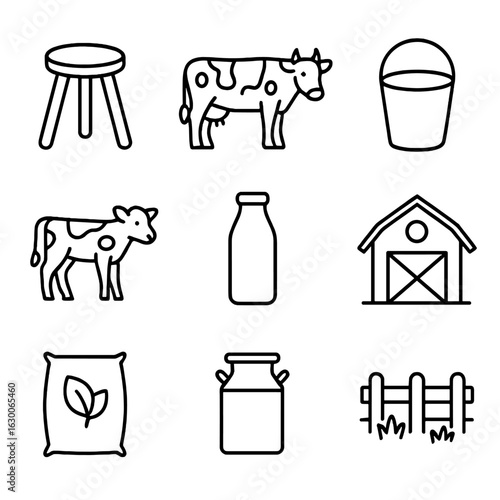 Milking Accessories Icons. Outline icon set of milking accessories and farm animals: milking stool, dairy cow,