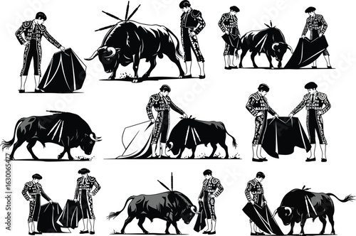 Dynamic black and white illustrations depicting a series of bullfighting scenes with matadors and powerful bulls