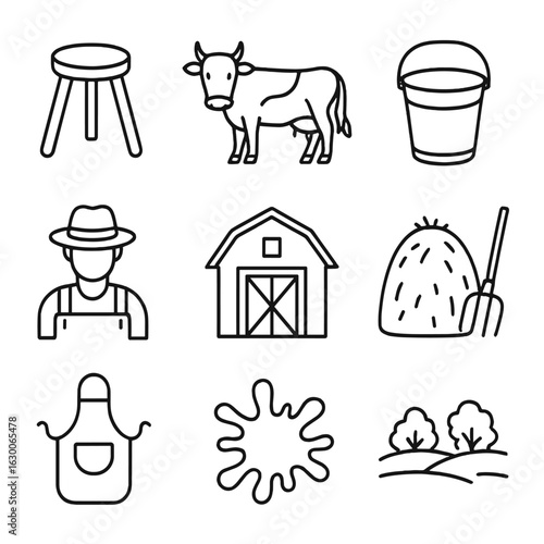 Milking Day Icons. Outline icon set of milking day routine: milking stool, cow, bucket, farmer, barn door,
