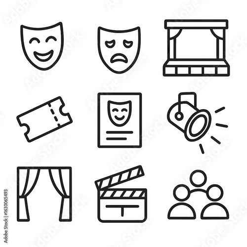 Theater Icon Set. Outline icon set of theatrical elements: comedy mask, tragedy mask, stage, ticket, playbill, spotlight, curtain,